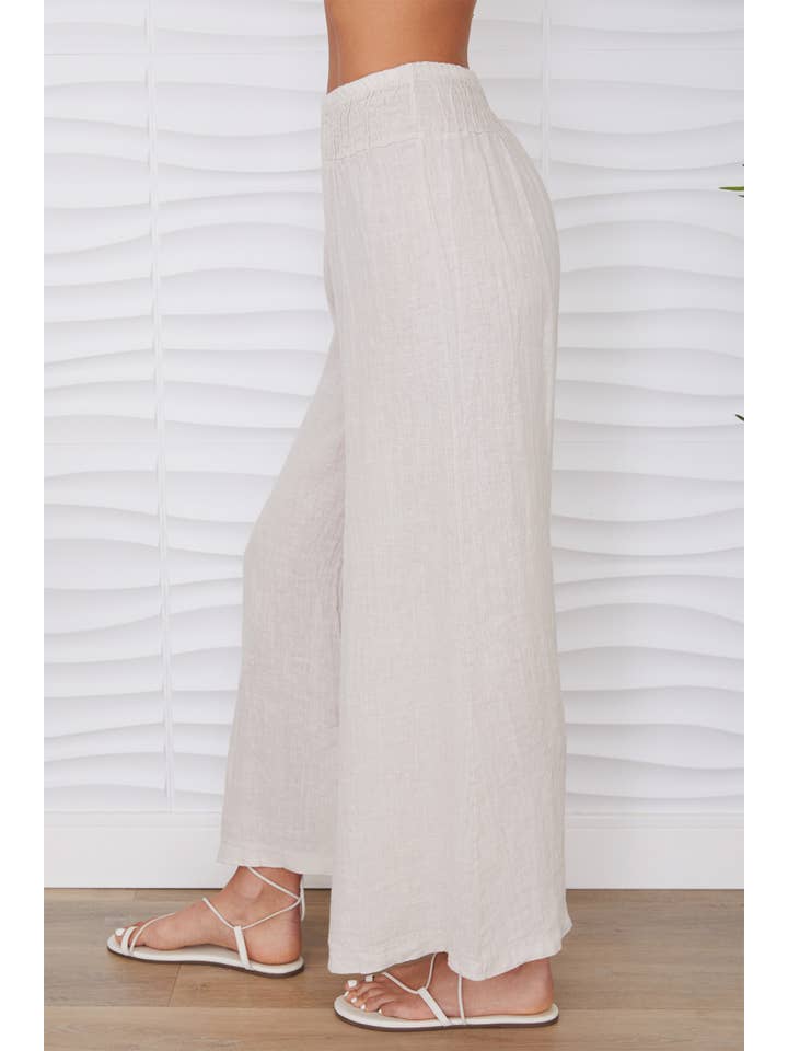 Milio Milano Linen Smocked Waist Palazzo Pants in Beige - Little Miss Muffin Children & Home