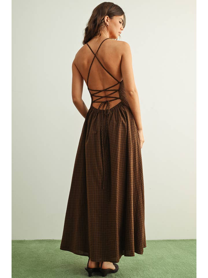 Miou Muse Gingham Halter Maxi Dress Brown - Little Miss Muffin Children & Home