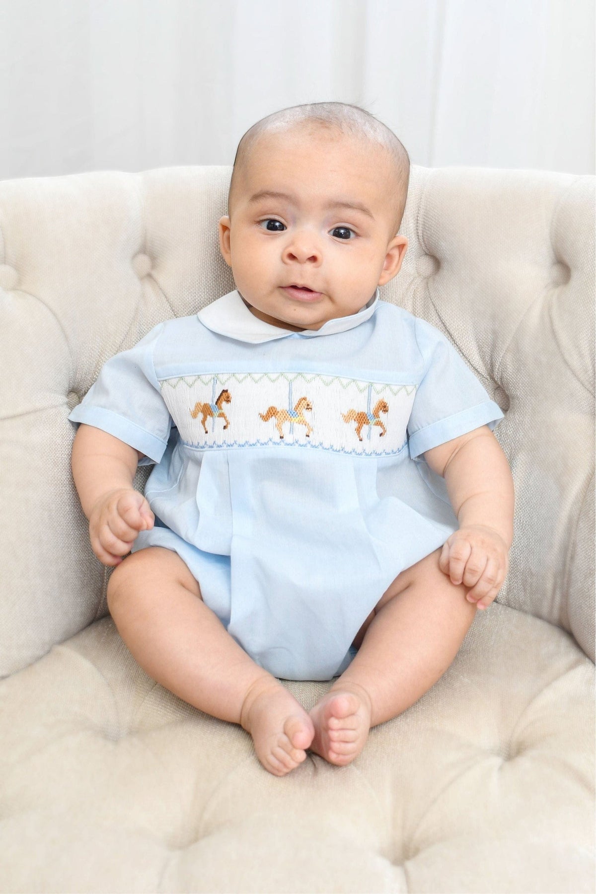 Carriage Boutique Boys Hand Smocked Light Blue Carousel Horse Classic Creeper Bubble Romper - Little Miss Muffin Children & Home