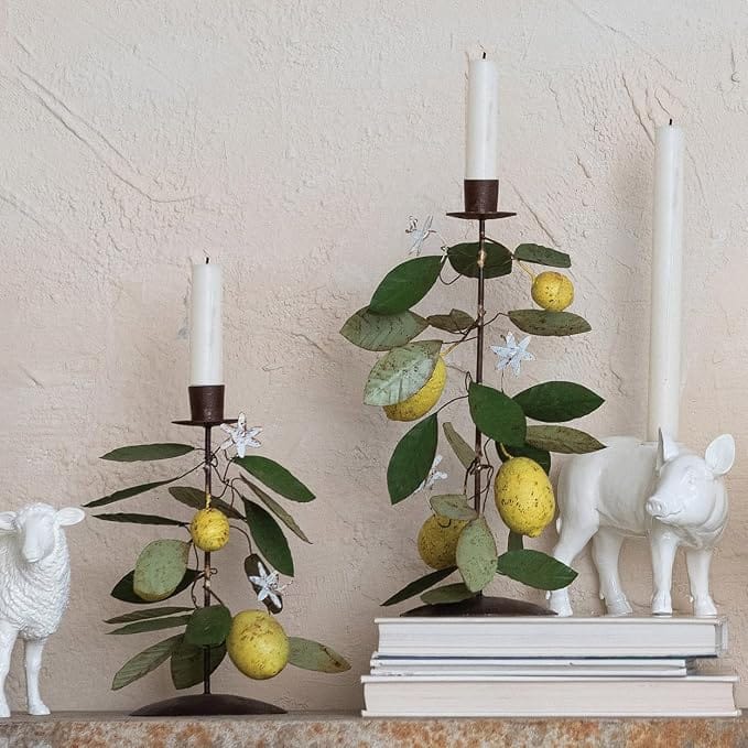 Creative Co-op Citrus Grove Lemons & Leaves Metal Taper Candle Holder, 2 Available Sizes - Little Miss Muffin Children & Home