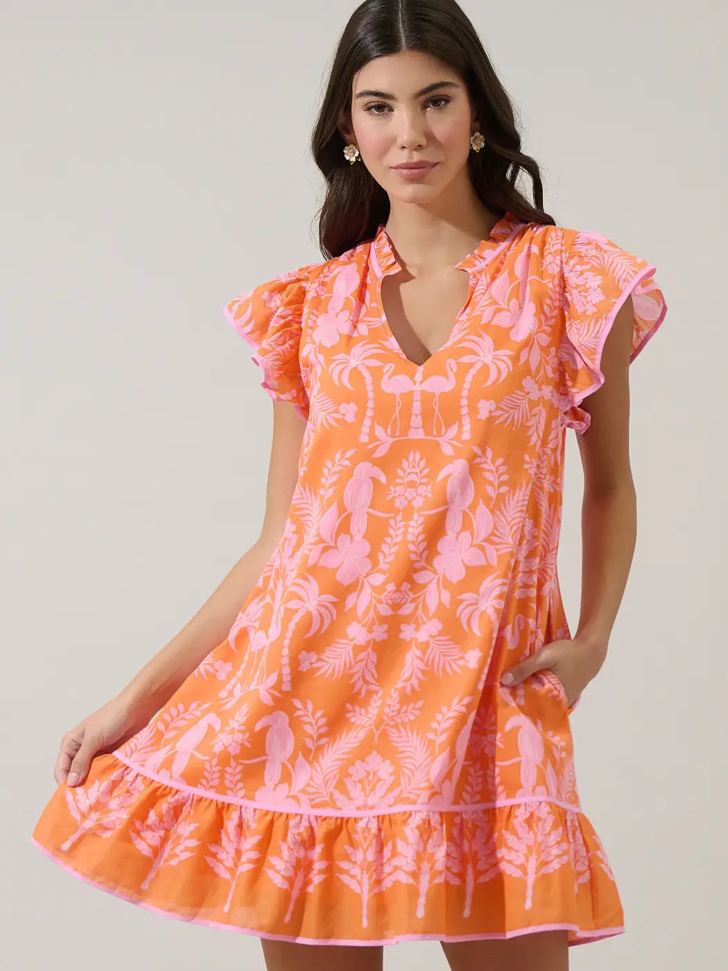 Davina Floral Ebba Shift Mini Dress in Pink/Orange