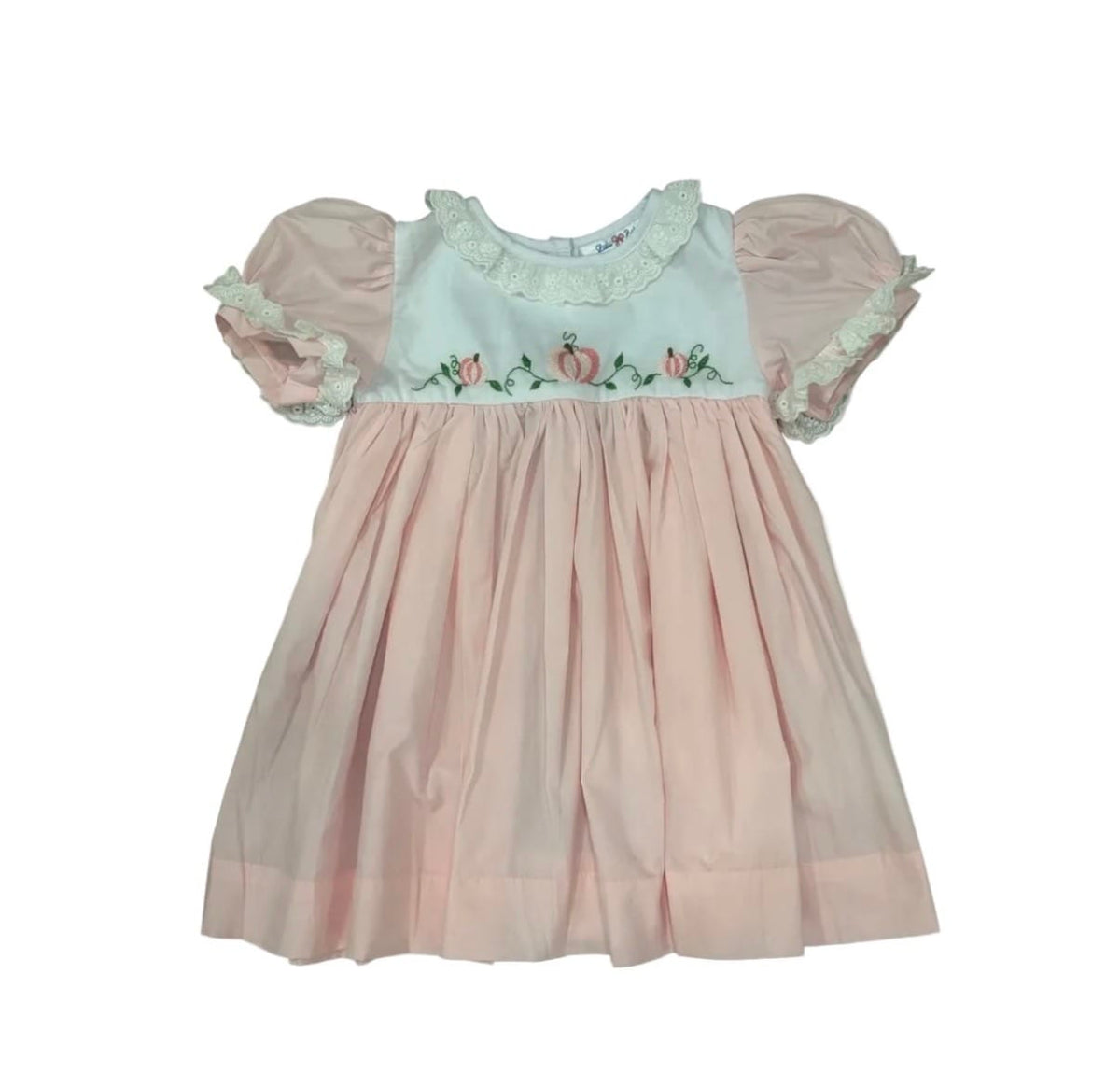 Peach hand-embroidered pumpkin dress with ruffle collar for baby girls