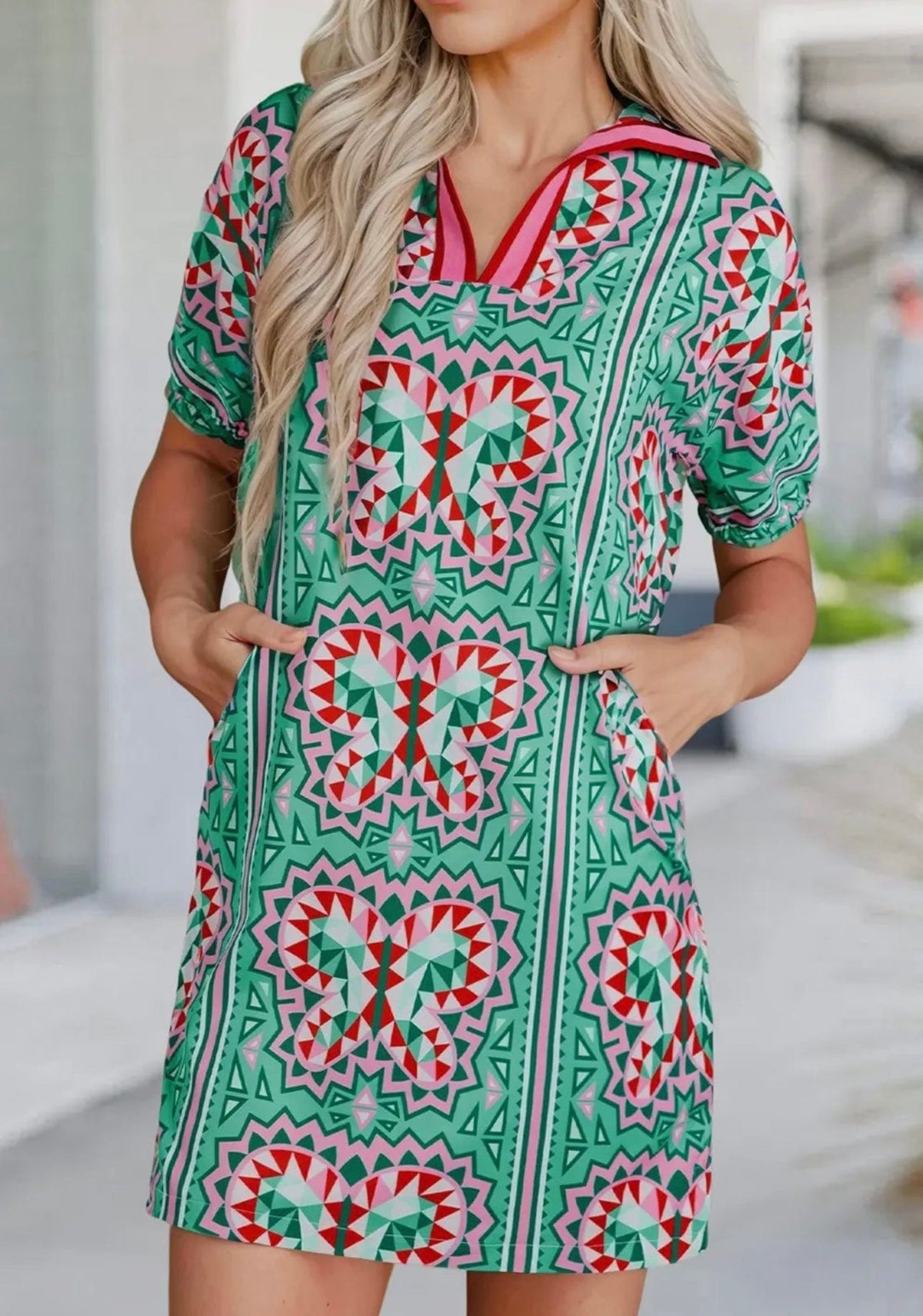 Aapparella Aapparella Geometric Butterfly Print Split Neck Mini Dress - Little Miss Muffin Children & Home
