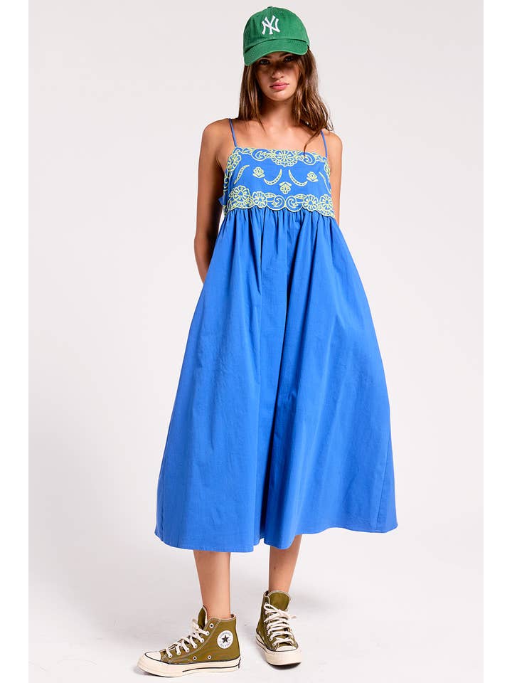 Camellia Embroidered Midi Dress in Royal Blue