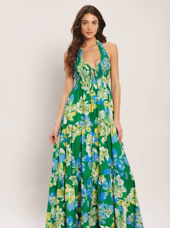Green Palm Shore Print Woven Maxi Dress