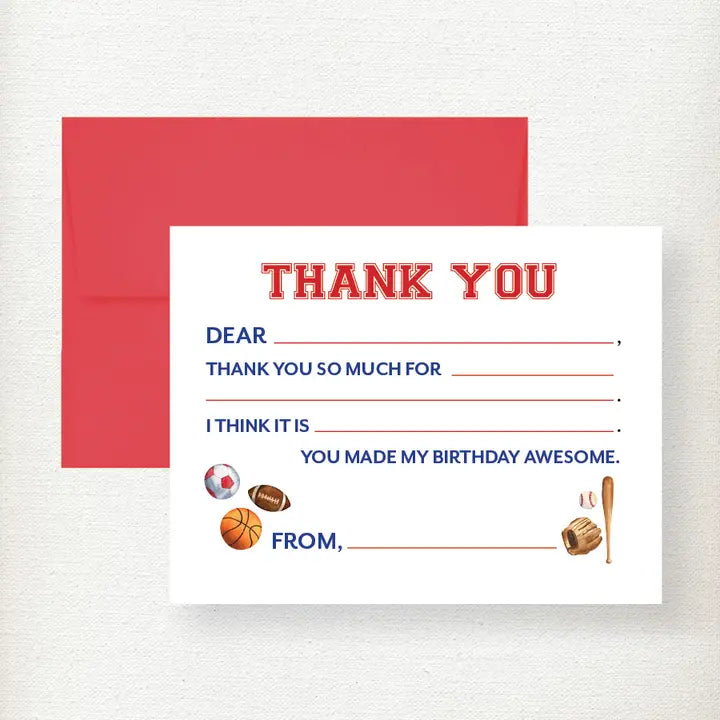 Kids Sports Fill in Thank You Note Card