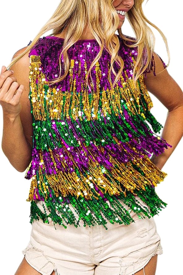Vanilla Monkey Vanilla Monkey Sequin Fringe Mardi Gras Stripe Sleeveless Top - Little Miss Muffin Children & Home