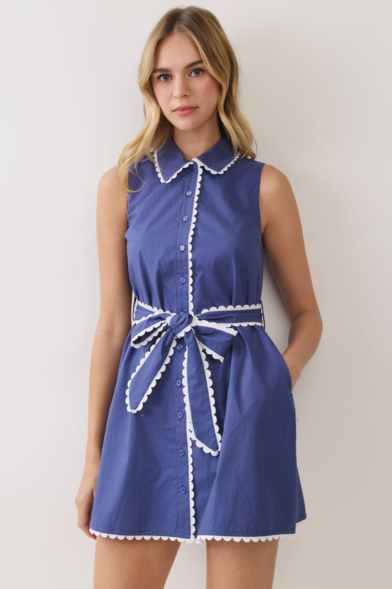 TCEC Scallop Trim Sleeveless Mini Shirt Dress with Sash Belt - Little Miss Muffin Children & Home