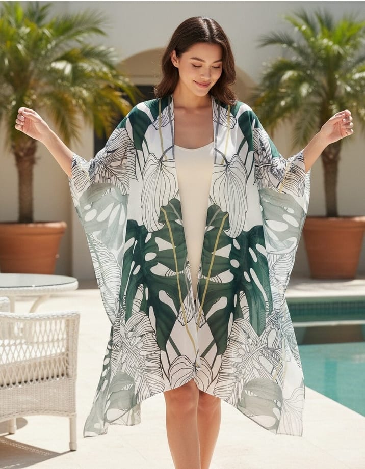 JC Sunny Fashion White-Dark Green Tropical Leaf Kimono - Little Miss Muffin Children & Home