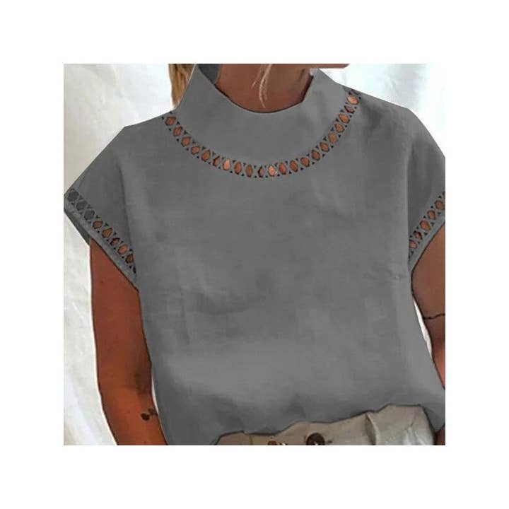 grey blouse with key hole details