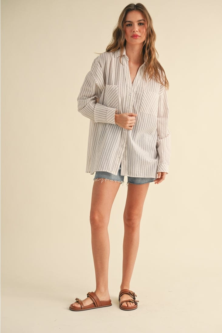 Miou Muse Striped Button Down Boyfriend Shirt in Beige - Little Miss Muffin Children & Home