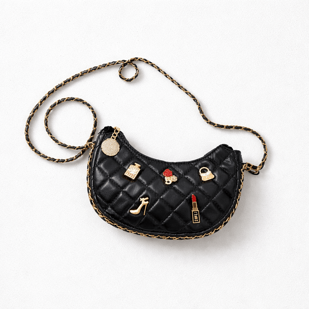 Timmy Woods Beverly Hills Half Moon Black Purse with Chain Shoulder Strap & Decorations - Little Miss Muffin Children & Home