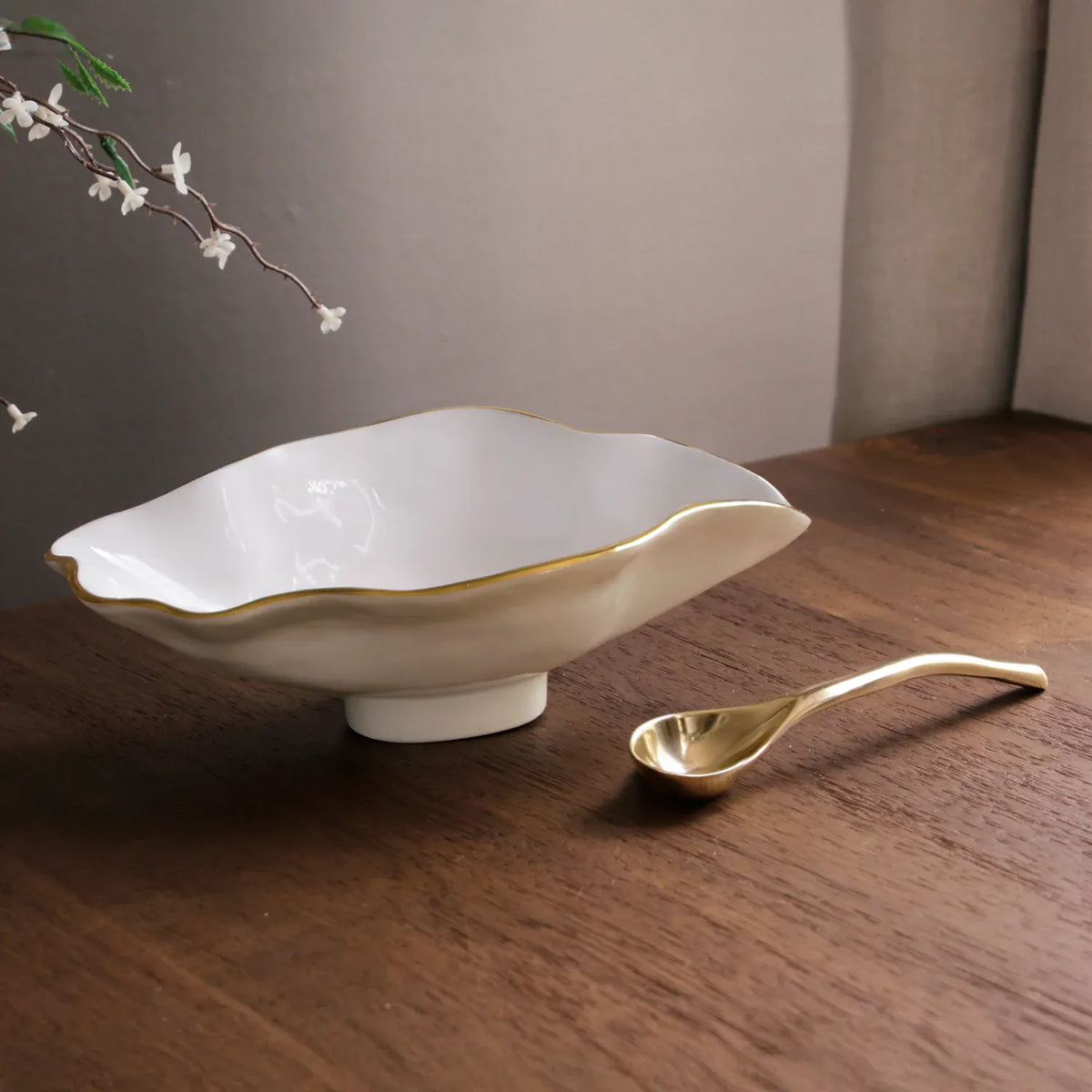 Encanto Claire Cream, White and Gold Small Oval Bowl with Spoon
