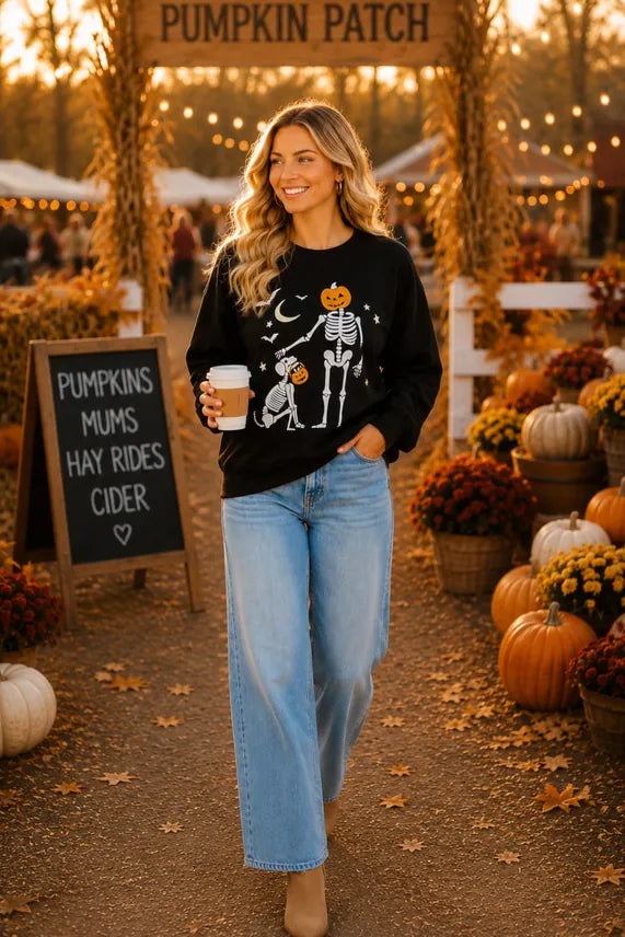 Halloween Pumpkin Skeleton Printed Graphic Crewneck Top