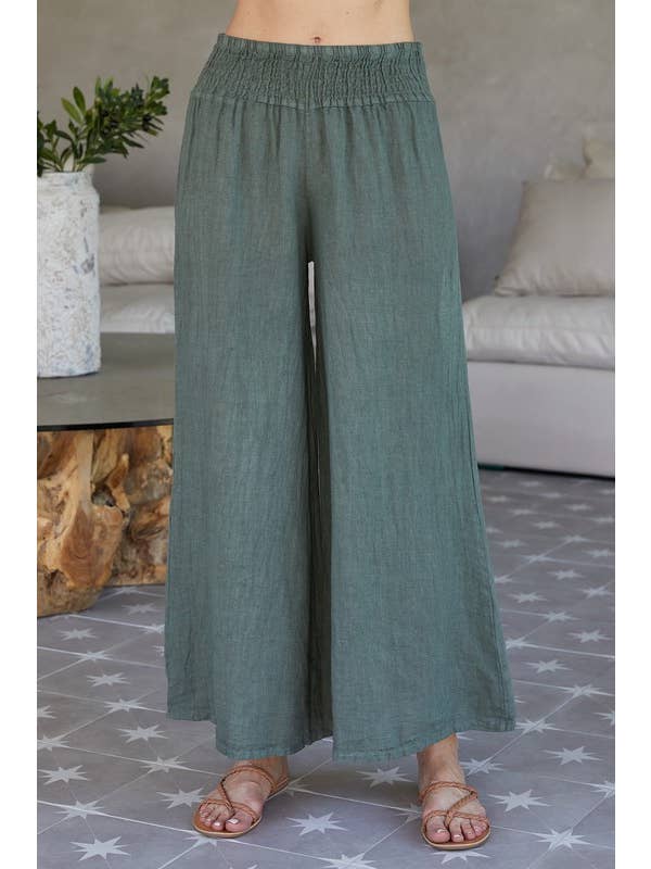 Milio Milano Linen Smocked Waist Palazzo Pants in Army Green - Little Miss Muffin Children & Home