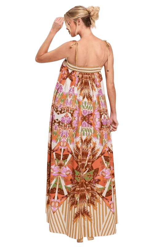 Flying Tomato Orange Pink Abstract Stripes Tie Shoulder Printed Woven Maxi Dress - Little Miss Muffin Children & Home
