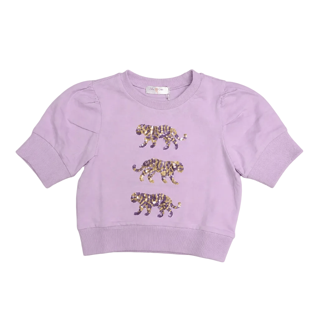 Lulu Bebe Lily Sequin Tiger Short Sleeve Lavender Top - Little Miss Muffin Children & Home