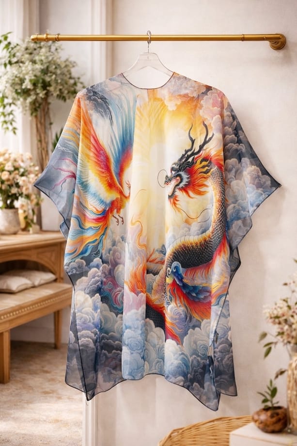 JC Sunny Fashion Multicolor Dragon & Phoenix Cloudscape Open-Front Kimono Cover-Up - Little Miss Muffin Children & Home