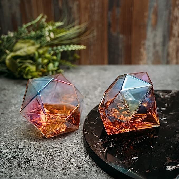 Diamond-shaped whiskey glass with iridescent finish