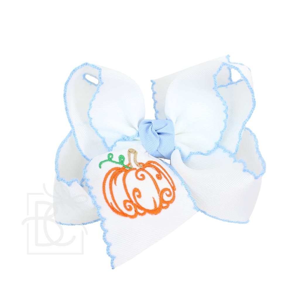 Pumpkin embroidered crochet bow in millennium blue