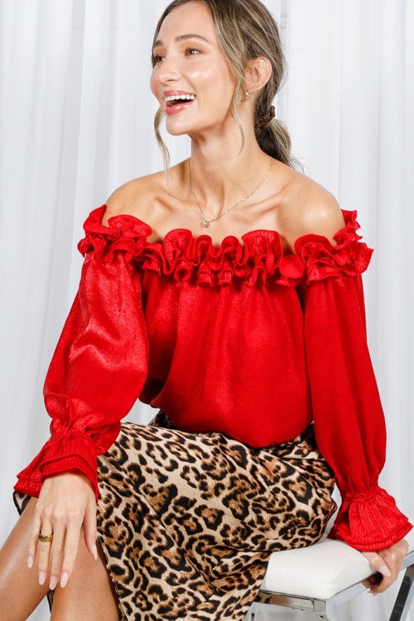 Vine & Love Vine & Love Ruffle Off-the-Shoulder Metallic Blouse in Red - Little Miss Muffin Children & Home