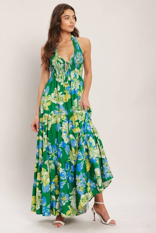Green Palm Shore Print Woven Maxi Dress
