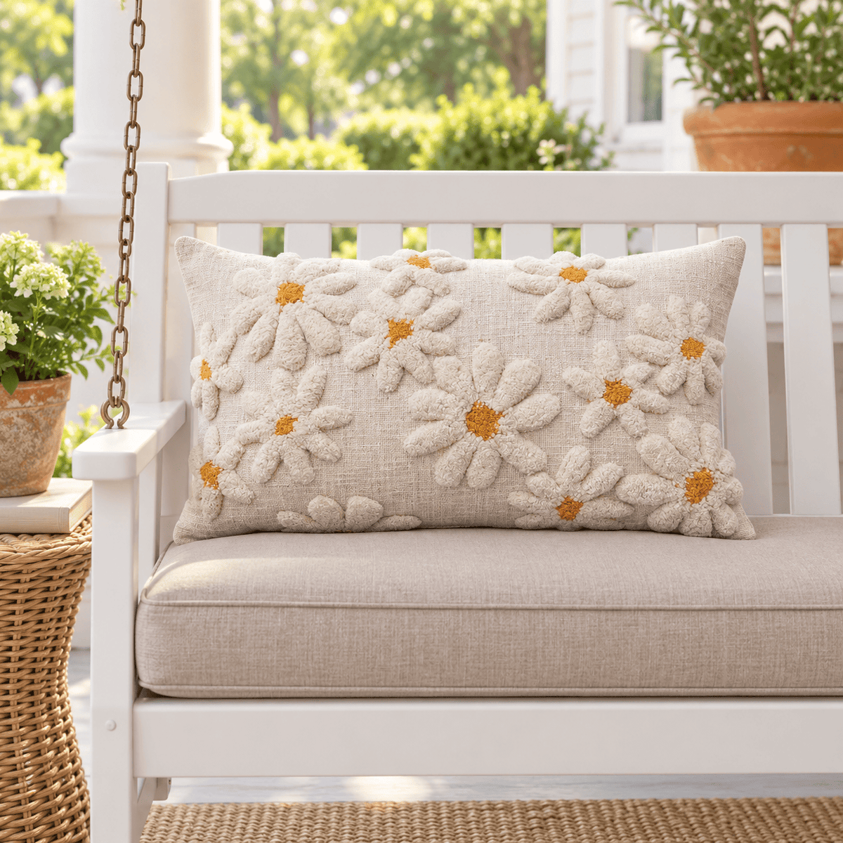 Natural & Yellow Cotton Slub Lumbar Pillow with Tufted Flowers