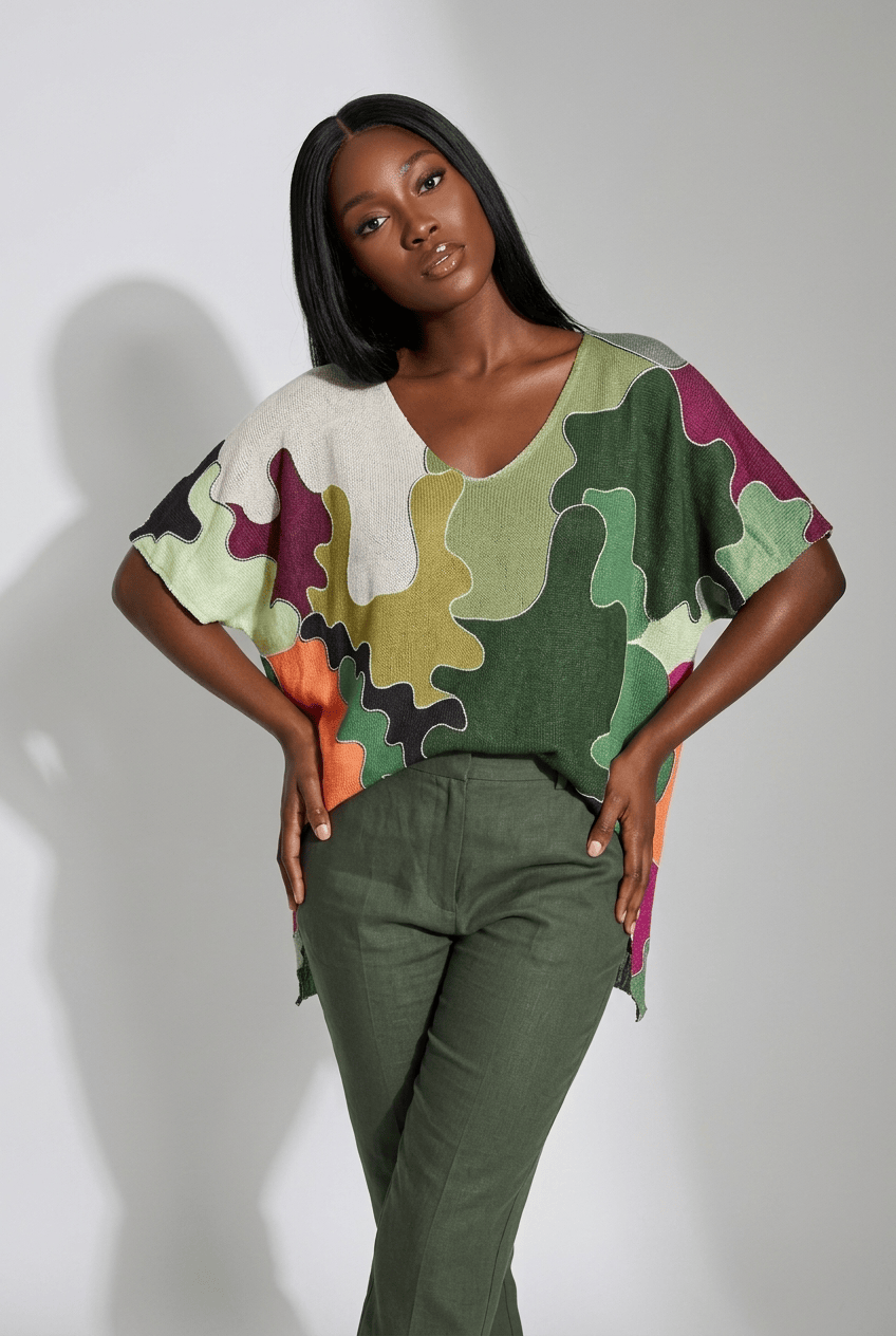 Loowie Loowie Camo Floral V-Neck Knit Short Sleeve Sweater – Bold Abstract Print Top - Little Miss Muffin Children & Home