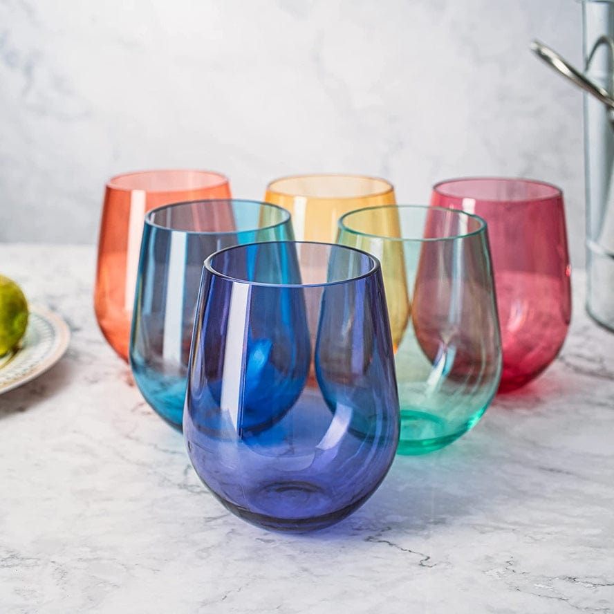 Colored stemless acrylic wine glasses, detail view