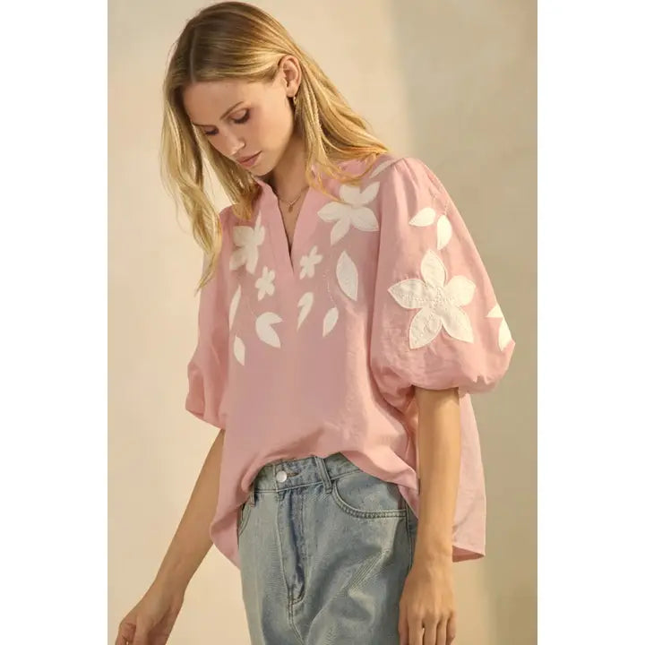 Oddi Washed Suede Puff Sleeve Top with Embroidered Floral Applique - Little Miss Muffin Children & Home
