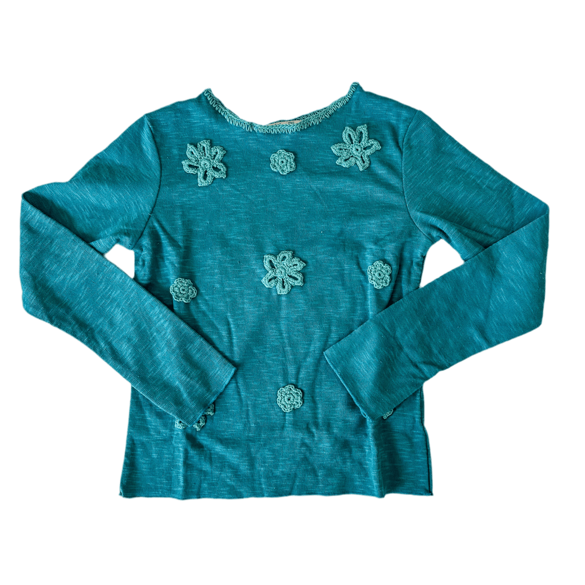 teal long sleeve top with crochet