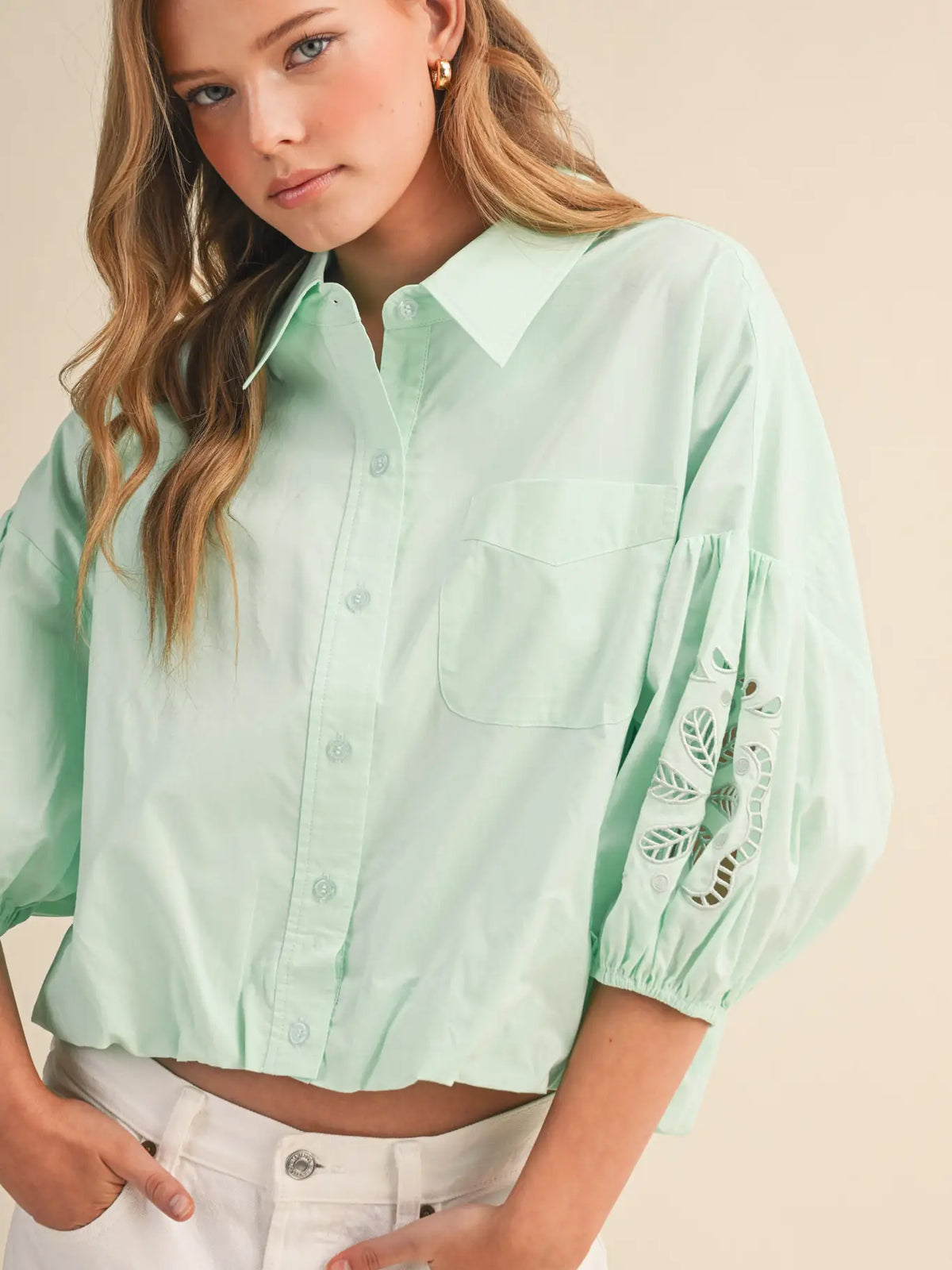 &merci Eyelet Embroidered Puffy Sleeve Button Dow Top in Jelly Mint - Little Miss Muffin Children & Home