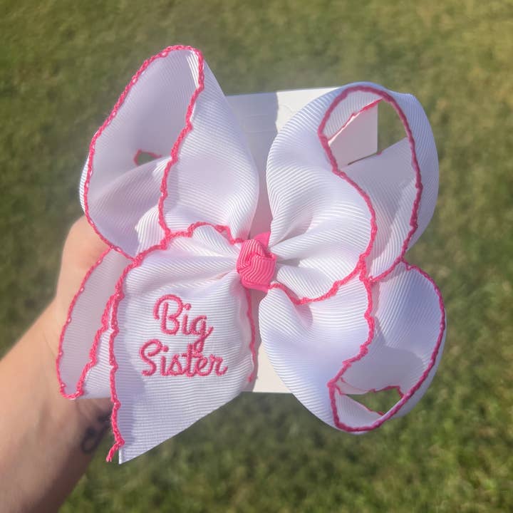 Just For Fun Threads Big Sister Embroidered Moonstitch Hair Bow 4" - Little Miss Muffin Children & Home