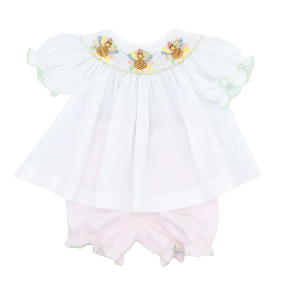 Lulu Bebe Emma Smock Turkeys Bishop Style Bloomer Set with White Top - Little Miss Muffin Children & Home