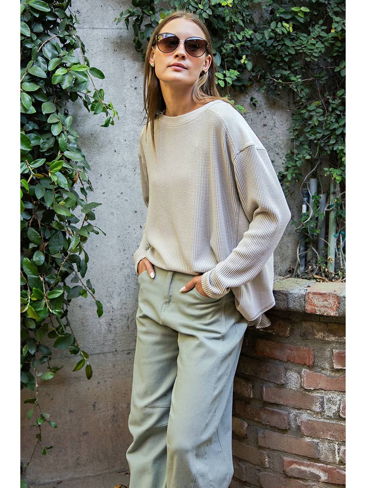Rae Mode Mineral Washed Waffle Ribbed Pullover in Light Taupe - Little Miss Muffin Children & Home