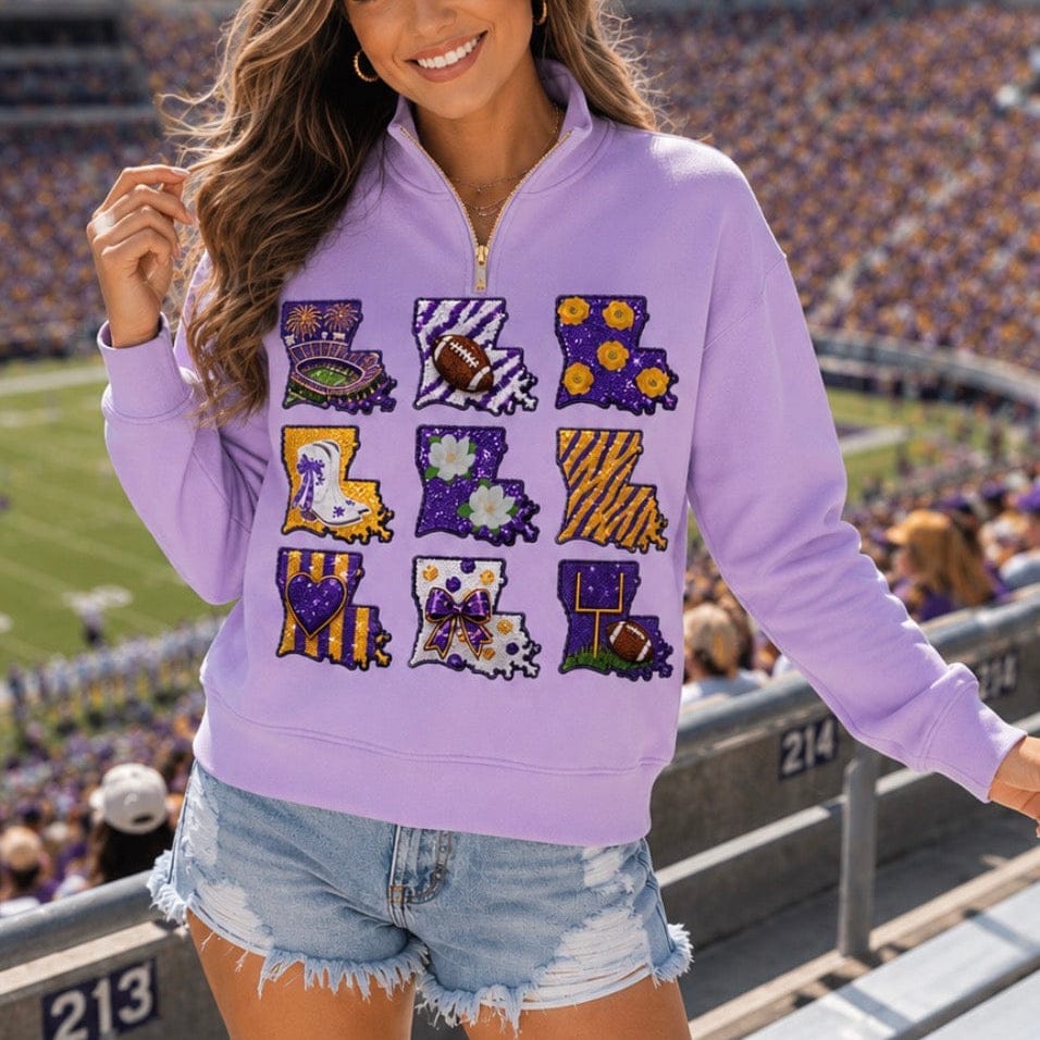 Sash Clothing Bar Louisiana Tigers Purple & Yellow Sequin Quarter Zip Sweatshirt - Little Miss Muffin Children & Home
