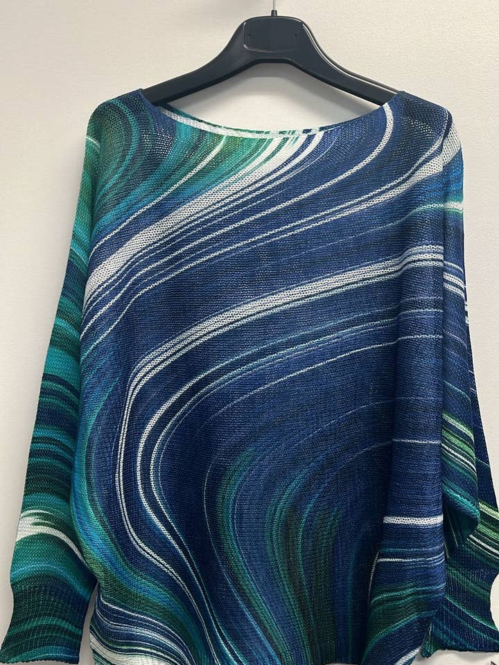 Loowie Wavy Knit Sweater | Navy Teal Wave Print | Made in Italy