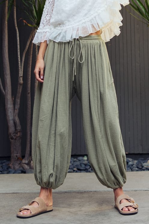 Urban Daizy Crinkle Gauze Drawstring Balloon Pants in Olive - Little Miss Muffin Children & Home