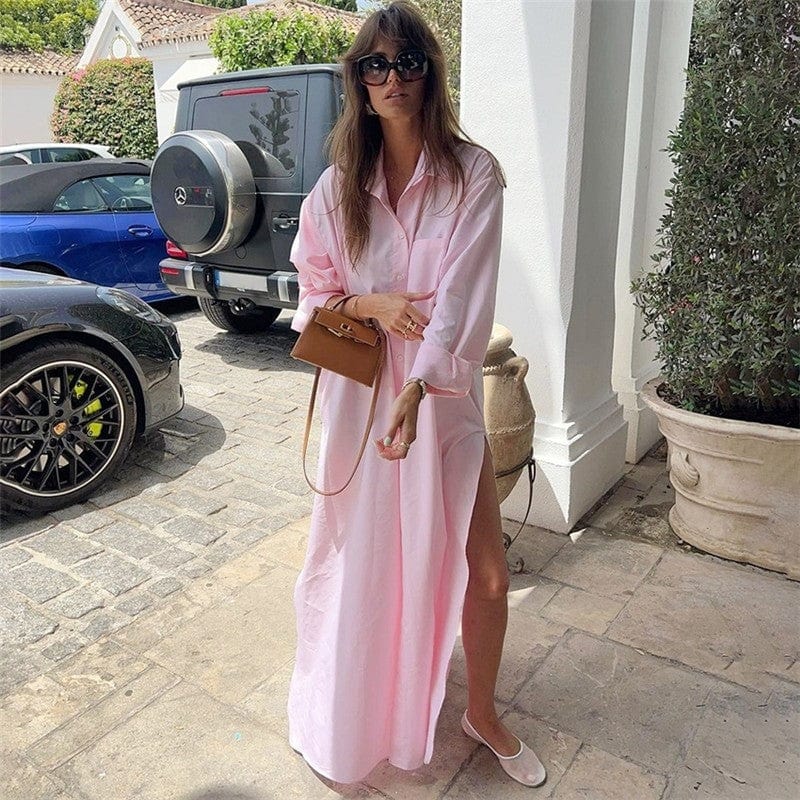 FurDecoration Casual Pink Split Hem Loose Maxi Shirt Dress - Little Miss Muffin Children & Home