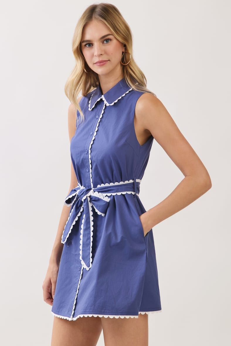TCEC Scallop Trim Sleeveless Mini Shirt Dress with Sash Belt - Little Miss Muffin Children & Home
