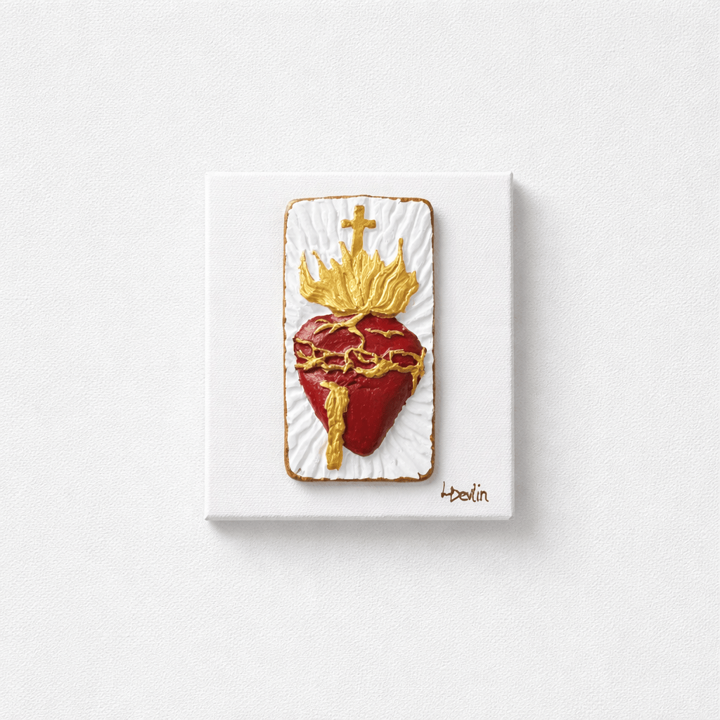 Lisa Devlin Designs Red/Gold Clay Painted Sacred Heart with Flame 5x5 - Little Miss Muffin Children & Home