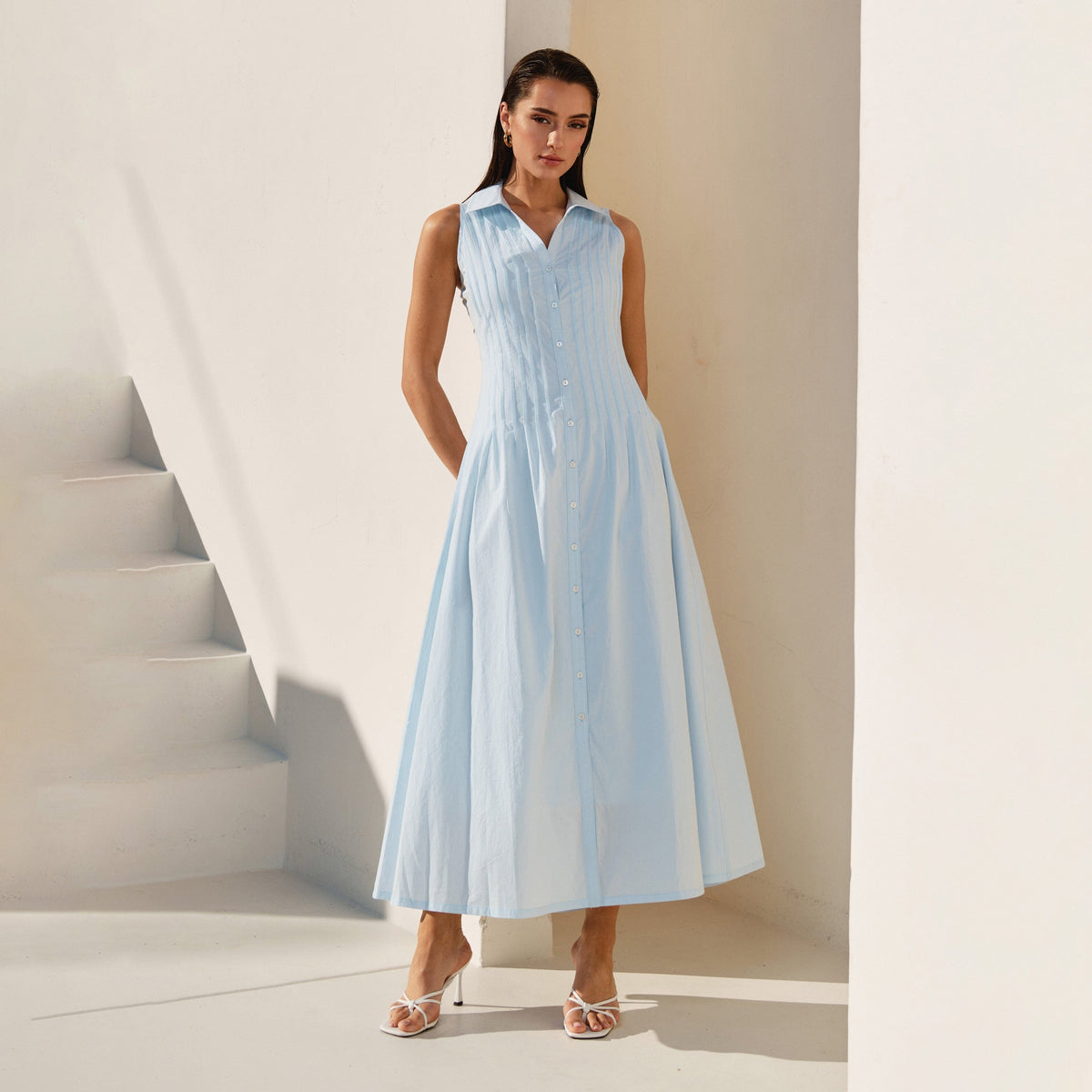Pintuck Sleeveless Maxi Dress