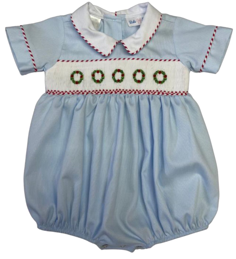 Noah Christmas Wreath Smocked Bubble with White Collar