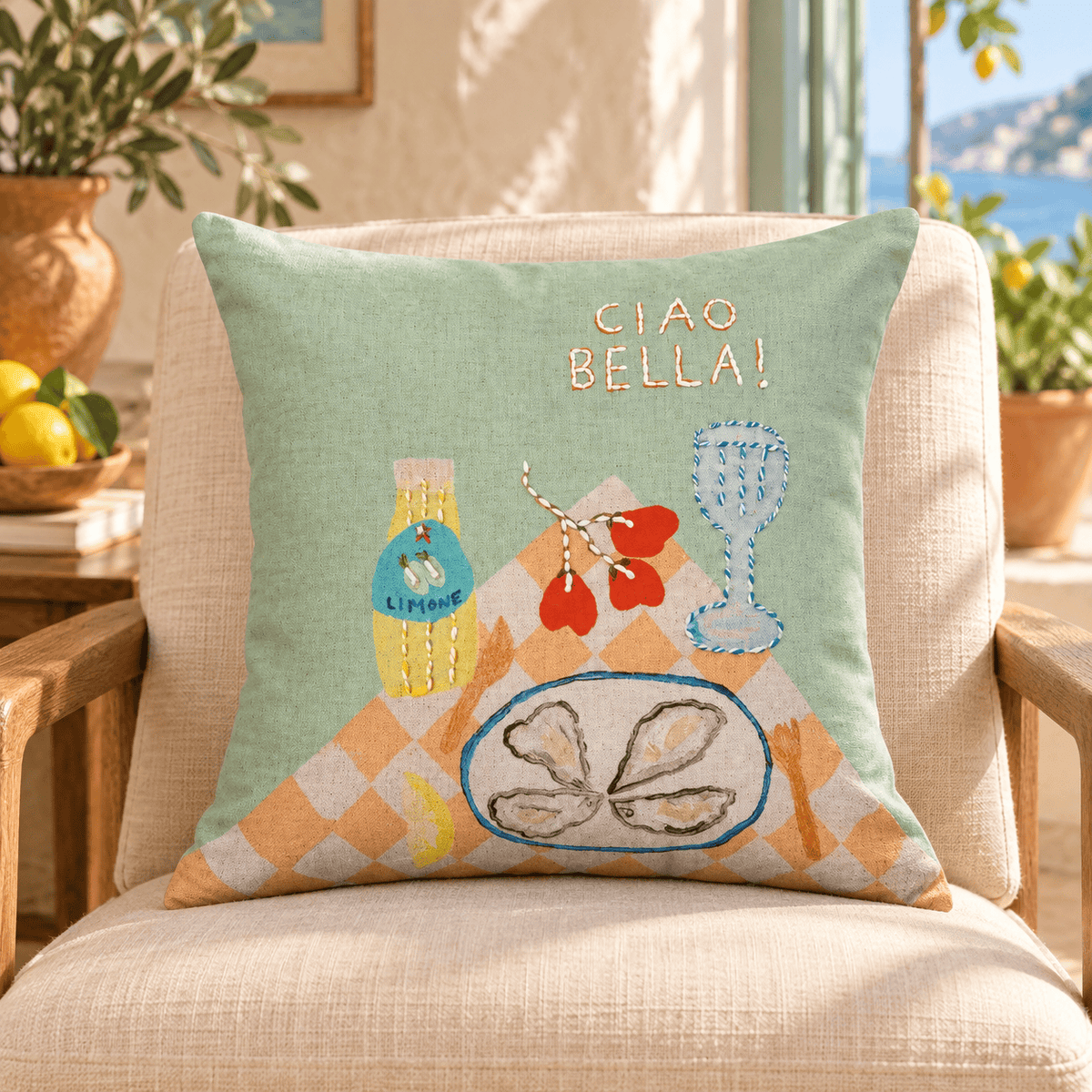 18" Square Cotton & Linen Embroidered "Ciao Bella!" with Tablescape