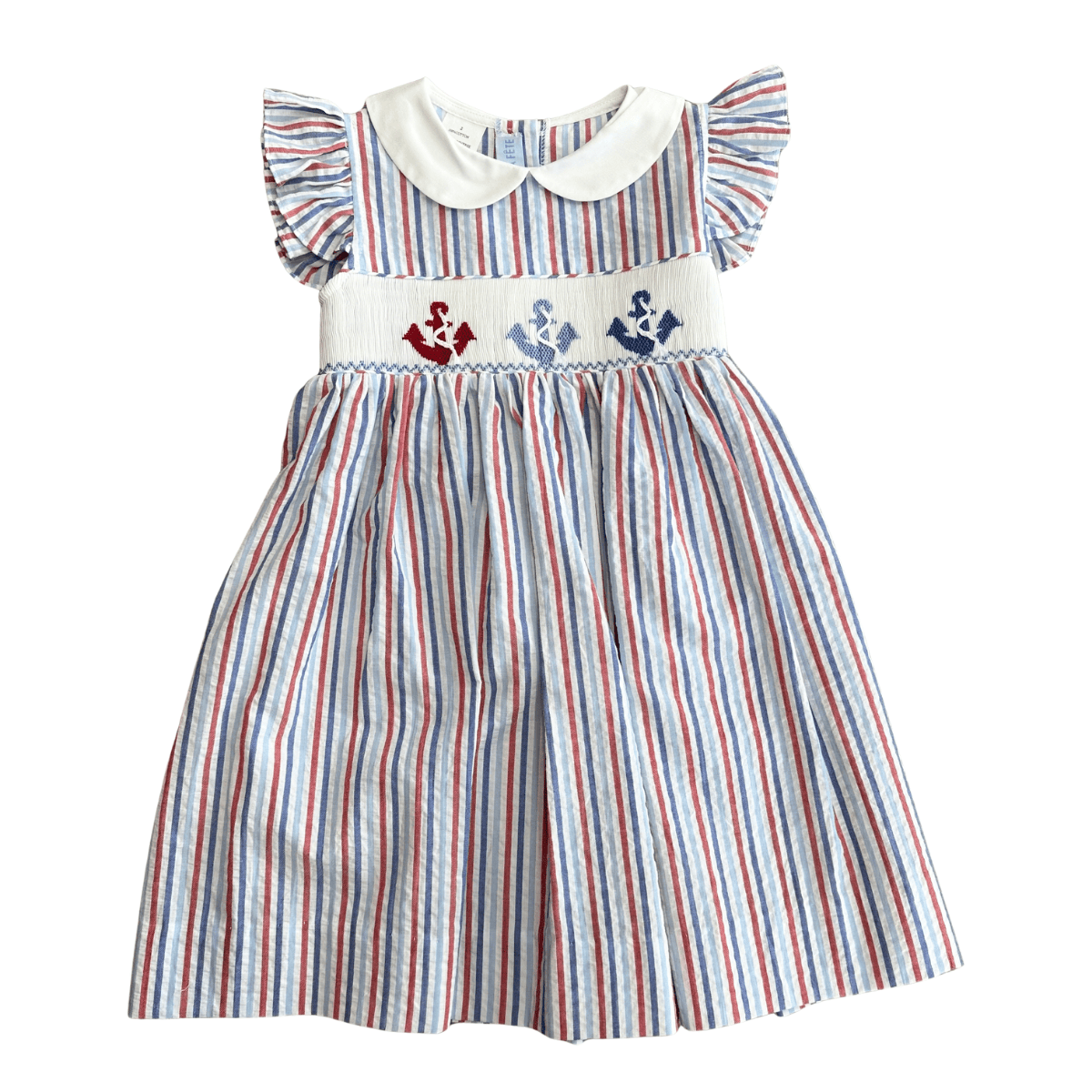 Anchors Smocked Blue Red and White Stripe Seersucker Peter Pan Collar Dress