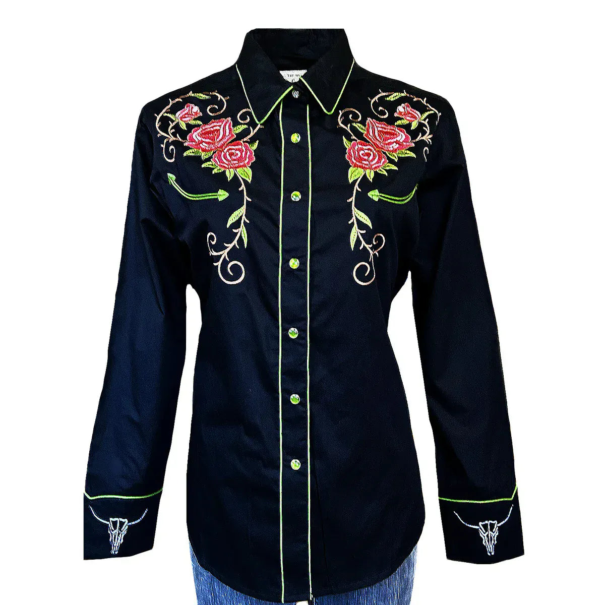 Rockmount Ranch Wear Women's Vintage Black Steer Longhorn & Floral Embroidered Western Shirt - Little Miss Muffin Children & Home