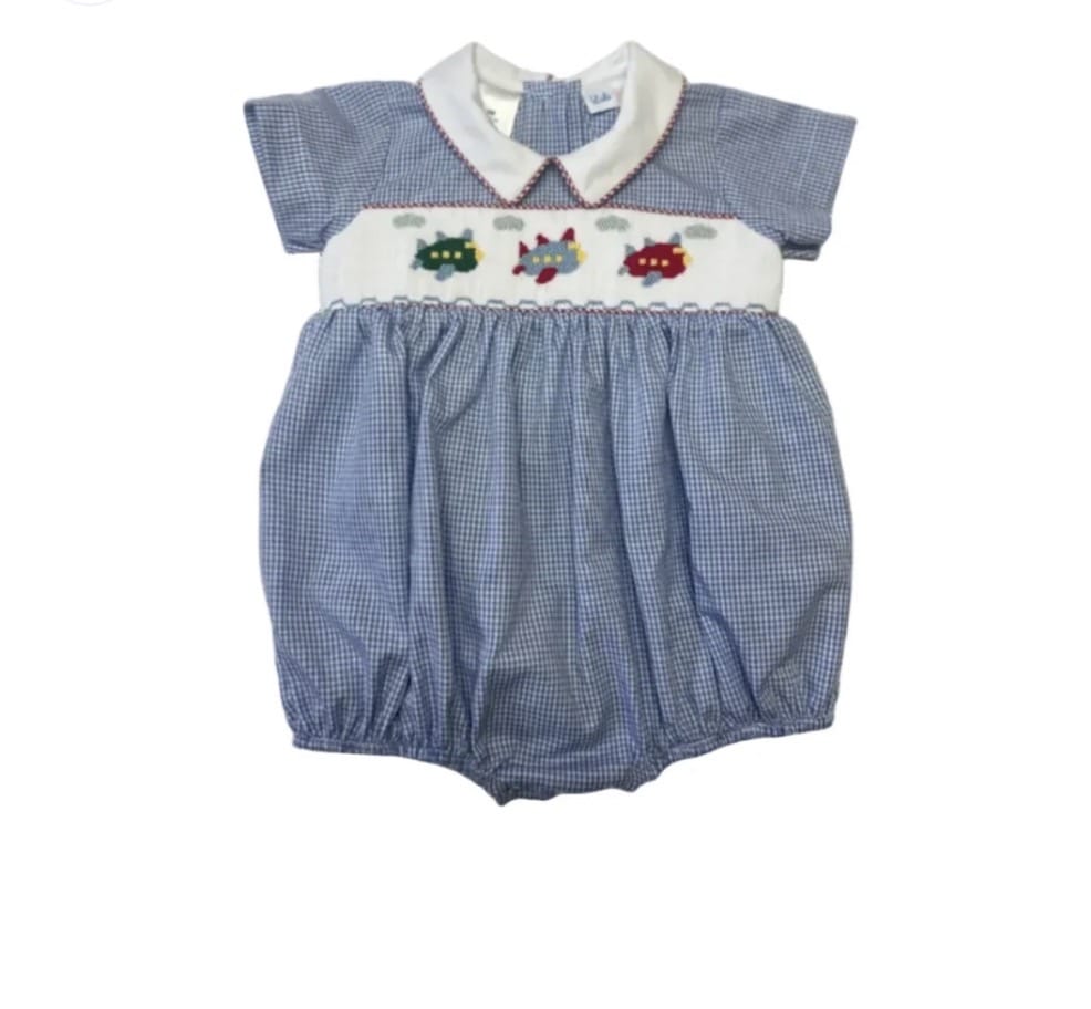 Lulu Bebe Noah Airplane Smocked White Collared Bubble - Little Miss Muffin Children & Home