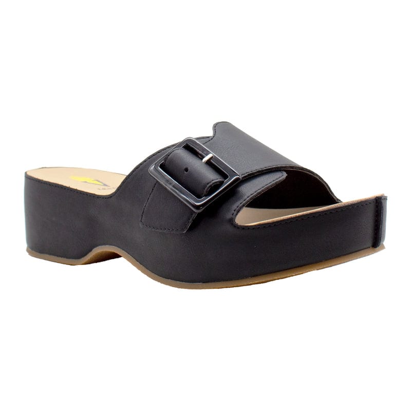 Black Bertha Faux Leather Slide Sandal with Tortoise Shell Buckle