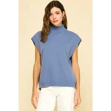 womens cap sleeve turtle neck blue sweater