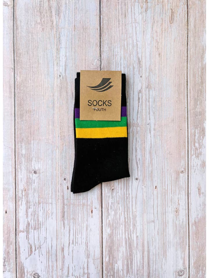 Black Mardi Gras Stripe Ribbed Kids/Childrens Socks